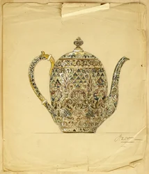 Design pro vejčitou stříbrno-zlacenou smaltovanou konvici cloisonne, House of Carl Faberge