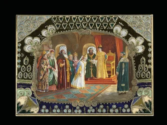 Detail malované kartuše ze stolní krabice, zobrazující cara Alexeje Michajloviče při výběru nevěsty, kolem 1908-1917