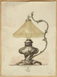 Kresba stříbrné stolní lampy s krouceným vroubkovaným tělem v rokokovém stylu, Dům Carla Faberge