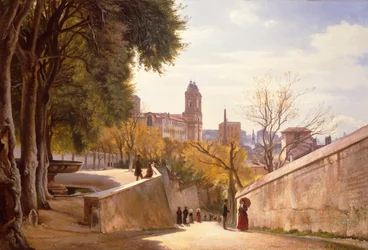Pohled na Viale Trinità dei Monti s fontánou Villa Medici, při pohledu z Via di San Sebastianello, Řím