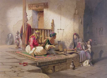 Tkalcovna v Esně, jedna z 24 ilustrací G. W. Seitze, vytištěno kolem roku 1873.