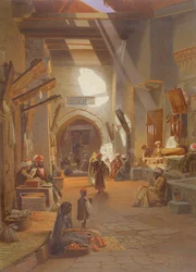 Bazar v Girgah, jedna z 24 ilustrací produkovaných G.W. Seitz, vytištěno kolem roku 1873