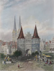 Holsten gate at Lubeck, vyrytý John Godfrey (1817-89) (barevná rytina)