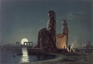 Memnonovy kolosy, Théby, jedna z 24 ilustrací produkovaných G.W. Seitz, vytištěno kolem roku 1872