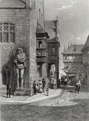 Radnice, Halberstadt, rytina E. Jouberta, tisk Cassell & Company Ltd (rytina)