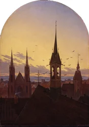 Německy: Frühläuten (Altdeutsche Stadt im Frühlicht) Ranní píšťala (staroněmecké město v ranním světle)