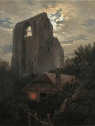 Zříceniny kláštera Eldena s chalupou u Greifswaldu za měsíčního svitu, 1820