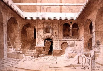 The Chan Chaleel Carpet Bazaar v Káhiře, 1858 (tužka a hnědá barva na papíře)