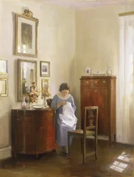 Interiér s Lady Sewing, kolem roku 1910