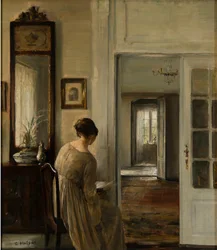 Přednáška. La femme du peintre - Čtení. Malířova žena - Carl Holsoe (1863-1935). Olej na plátně Rozměr: 58x52 cm Soukromá sbírka