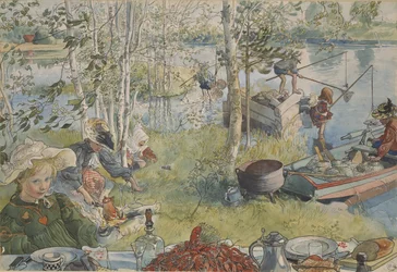 La peche aux ecrevisses - Lov raků, Larsson, Carl (1853-1919). Akrylové barvy na papíře. Rozměr: 32 x 43 cm. Národní muzeum Stockholm