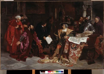 ""Císař Maxmilián I. (1459-1519) přijímá benátské velvyslance ve Veroně"" (Císař Maxmilián přijímá benátské velvyslance ve Veroně) Obraz Carla Ludwiga Friedricha Beckera (1820-1900) 1879 Puškinovo muzeum, Moskva