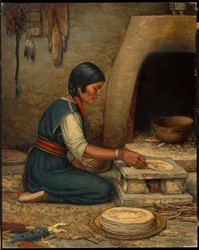 Hopi žena vyrábějící Piki