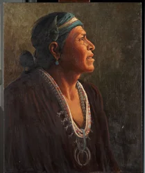 Ta-otza-begay, také nazývaný Meguelito, Navajo Medicine Man (olej na plátně připevněném na panelu)