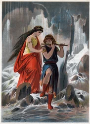Princ Tamino a princezna Pamina beze strachu přešli přes tekoucí vodní kmeny a princ pokračoval ve hře na flétnu. Ilustrace Carla Offterdingera (1829-1889) v „Kouzelné flétně“. (Die Zauberflöte, flauto magico, The Magic Flute) Pri