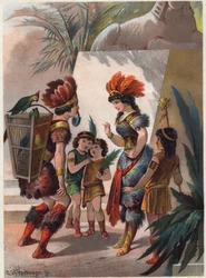 Černý lovec zavírá Papagenovi ústa zámkem, aby ho potrestal za lež a za to, že si před královnou připsal zabití hada. Ilustrace Carla Offterdingera (1829-1889) v „Kouzelné flétně“. (Die Zauberflöte, flauto magico, The Magic Flute)