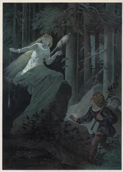 Poplatek utíkající se zlatým vřetenem zpíval osud zlatého knoflíku. Ilustrace Carl Oftterdinger (1829-1889) v „“ Bouton d