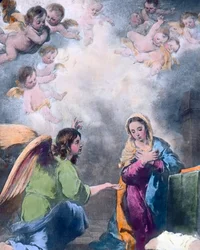 Zvěstování. Obraz španělského barokního malíře Bartolomea Estebana Murilla (1617-1682) z roku 1655. Datace obrazu: kolem roku 1910. Archiv Carla Simona
