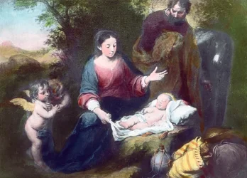 Spící dítě s anděly, Marií a Josefem. Obraz (nedatovaný) od španělského barokního malíře Bartolomea Estebana Murilla (1617-1682). Datace obrazu: kolem roku 1900. Archiv Carla Simona