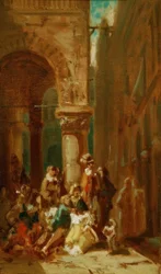 Cestující lidé: herci v Loggia dei Lanzi ve Flo