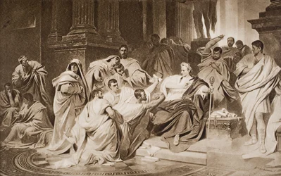 Vražda Caesara, ilustrace z „The Outline of History“ od H. G. Wellse, svazek I, vydaný v roce 1920