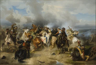 La mort du roi Gustave II Adolphe de Suede (1594-1632) dit le le Grand ou le Lion du Nord, a la bataille de Lutzen, le 6. listopadu 1632 - Smrt švédského krále Gustava II Adolfa v bitvě u Luetzen dne 6. listopadu 1632, Wahlbom, Carl (1810-1858). Olej zapnu