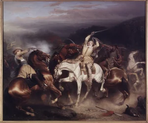 Švédský král Gustav II. Adolf, známý jako Velký nebo Severní lev, v bitvě u Trzciany (nebo bitvě u Honigfelde nebo Sztum) červen 1629 – švédský král Gustav II. Adolf (1594-1632) u Stuhm, Wahlbom, Karl (1810-1858). olej na plátně