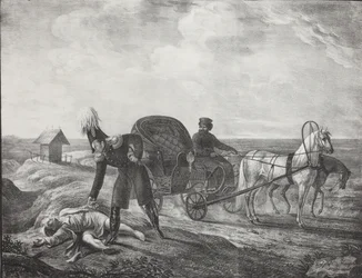 Císař Alexandr I. pomáhá potřebnému člověku, 1820.