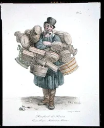 The Basket Seller, číslo 21 ze série „The Cries of Paris“, vydané kolem roku 1820 (barevné lito)