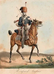 Anglický husar, kolem roku 1815 (akvatinta, barevná)