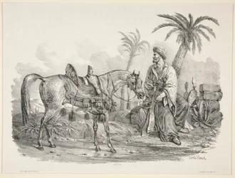 Sedící Arab držící uzdu arabského koně