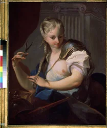 Johanka z Arku (1412-1431), která si stříhala cop nůžkami (Johanka z Arku). Obraz Carle Van Loo (1705-1765). Olej na plátně, 94,5 x 73 cm