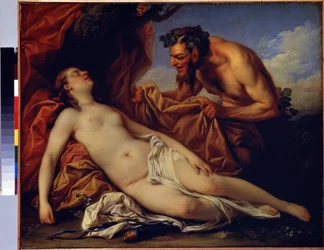 Jupiter a Antiope (Jupiter a Antiope). Obraz Carle Van Loo (1705-1765). Olej na plátně, 50 x 72 cm, kolem 1753. Francouzská škola, rokokové umění. Muzeum Ermitáž, Petrohrad.