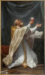 Svatý Augustin v extázi se svým srdcem zapaluje. Obraz Charles Andre Van Loo, dit Carle Vanloo (1705-1765), olej na plátně, kolem 1750, francouzské umění. Muzeum výtvarných umění v Angers.