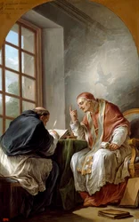 "Svatý Řehoř, známý jako Řehoř I. Veliký (540-604), papež a doktor církve, diktuje své homilie. Je inspirován Duchem svatým, jehož symbolem je holubice. Obraz Carle Van Loo (1705-1765) 1764 Rozměr 101x75,2 cm Soukromá sbírka