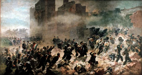 La breche de la Porta Pia, Řím (20. září 1870) - Obraz Carlo Ademollo (1825-1911), olej na plátně. Milán, Muzeum Risorgimento
