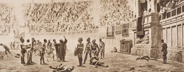 Mnich Almachius se pokouší zastavit gladiátorský boj, ilustrace z „Nástin historie“ od H. G. Wellse, svazek II, vydané v roce 1920