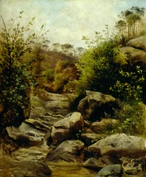 Pohled na Scopeti skrz skály od Carla Ademolla (1824-1911), olej na kartonu přenesený na karton, 33x28 cm