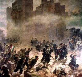 prolomení brány Pia v Římě v době Risorgimenta (sjednocení Itálie) 1870 (olej na plátně)