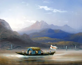 jezero Como. Člun. Na pozadí můžete vidět horu Groma, asi 1830. Obraz Bossoli. Como, soukromý spol.