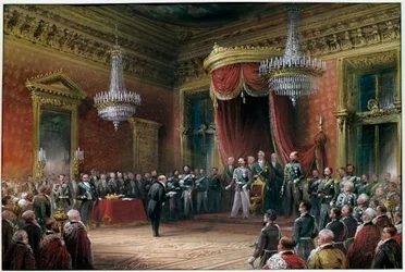 Risorgimento - Carlo Farini (1812-1866) předkládá Victoru Emmanuelovi II (Victor Emmanuel) (Vittorio Emanuele) (1820-1878) pakt o anexi Emilia Romagna v roce 1860 (olej na plátně)