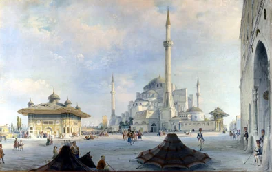 Mešita v Konstantinopoli: Svatá Sofie (Hagia Sofia). Obraz Carla Bossoliho
