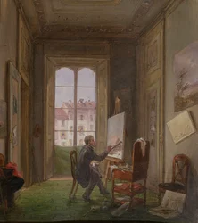 Malíř Giuseppe Canella při práci na plátně ve svém ateliéru, kolem roku 1830
