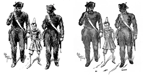 Pinocchio od Carla Chiostriho (1863-1939), jednoho z prvních italských ilustrátorů díla Collodiho (Carlo Lorenzini). Dřevěnou loutku berou dva četníci. Obrázek vlevo je původní Chiostriho kresba, vpravo je rytina carri