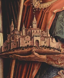 Oltářní triptych, pravý panel: svatý Petr mučedník a svatý Benedikt z Camerina, detail: model města Camerina v rukou městského světce Benedikta
