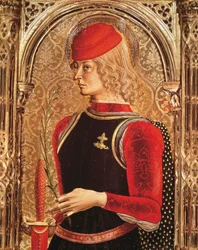 Vyobrazení sv. Jiří, detail oltářního obrazu, od Carla Crivelliho (přibližně 1430-1493). Kaple svátosti, katedrála Ascoli Piceno, Marche.