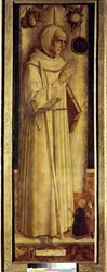 Santiago de la Marche (1394-1476) a dva klečící donátoři (někdy mylně říká sv. Bernardino ze Sieny). Obraz Carlo Crivelli (1435-1495)