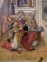 Zvěstování se svatým Emidiem, detail archanděla Gabriela se světcem, 1486 (detail díla 97895)