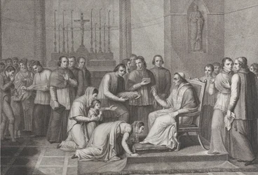 Žena klečí, aby políbila nohu papeže Pia VII., s davem za ní vlevo, 1814-50