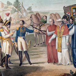 Papež Pius VII (Pio) (1742-1823) byl zatčen při svém návratu do Itálie rakousko-neapolskou armádou poblíž Parmy dne 25. března 1814 - Rytina Carlo Lasinio (1759-1838) - Barevná litografie (Zatčení papeže Pia VII. (1742-1823) po svém návratu do Itálie o